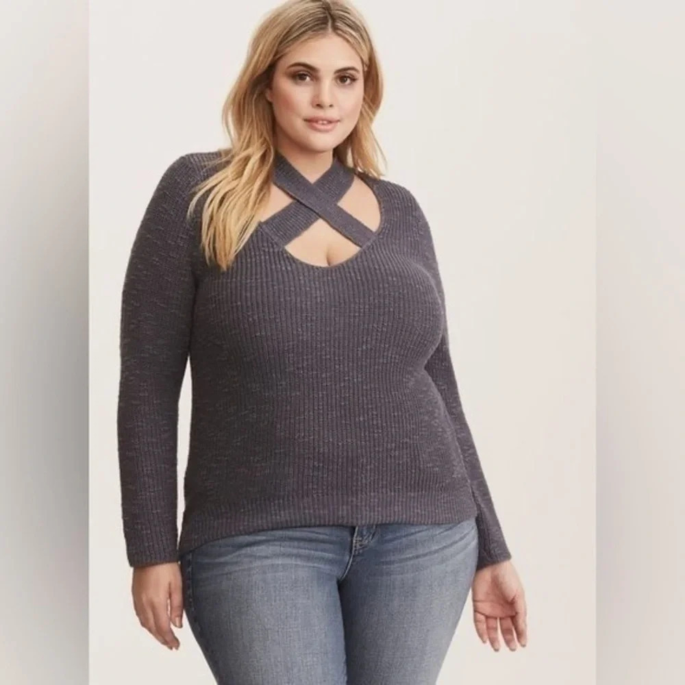 Torrid | Smokey Blue Ribbed Long Sleeve Sweater Plus Size 3X Criss Cross V-Neck